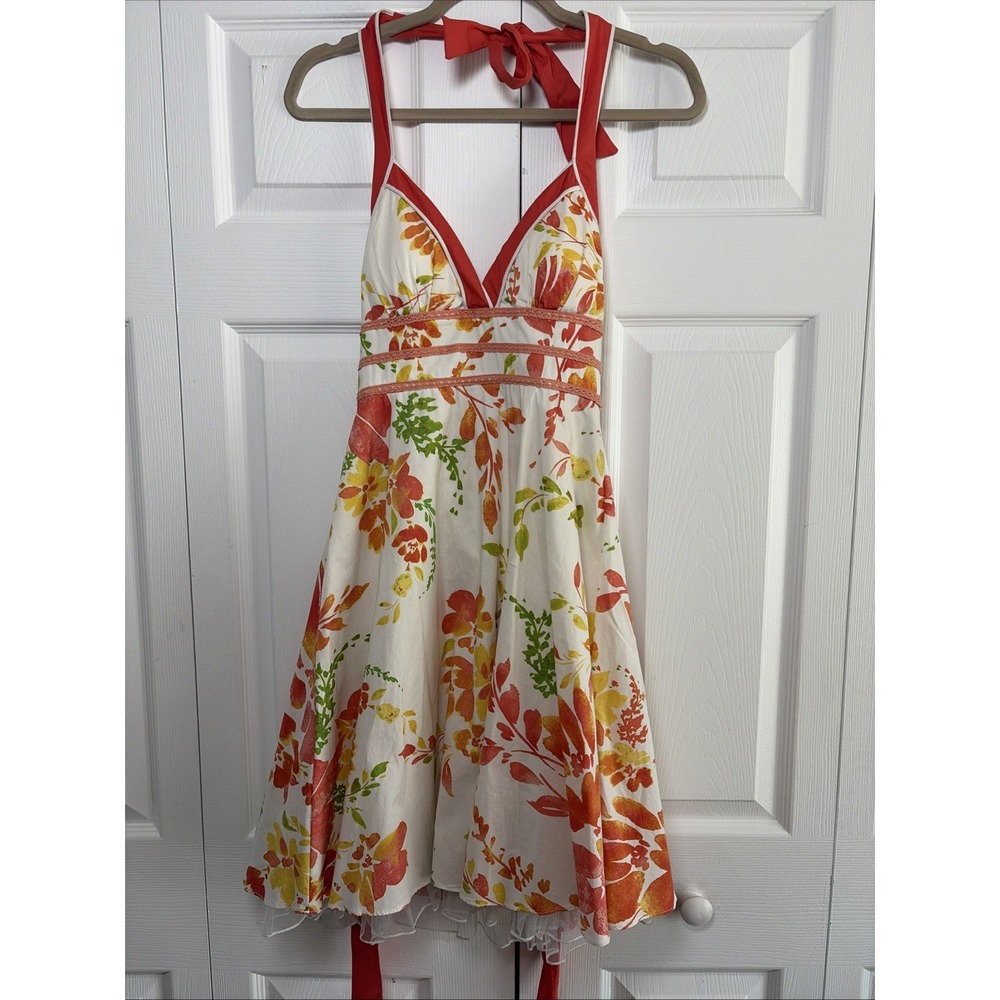 City Triangles Floral Halter Party Dress Womens Size 5 White Coral Y2K Retro New
